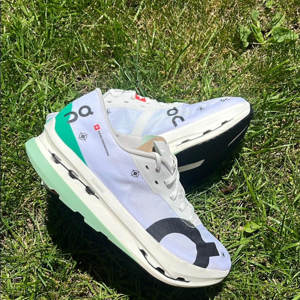 On Running White and Teal Sneakers